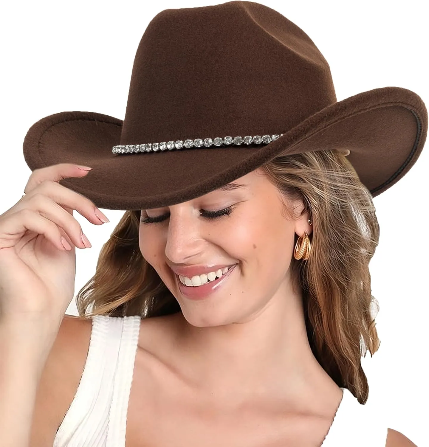 Women-Men Classic-Retro Western-Cowboy-Hat Wide-Brim Felt-Cowgirl-Hat with Gus-Crown Carved-Buckle-Belt Medium