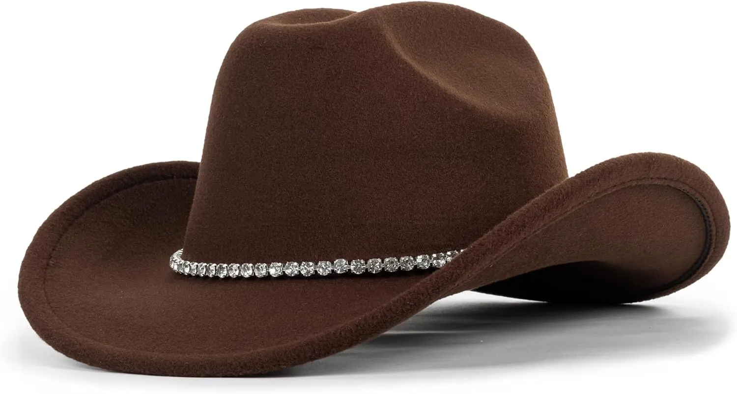 Women-Men Classic-Retro Western-Cowboy-Hat Wide-Brim Felt-Cowgirl-Hat with Gus-Crown Carved-Buckle-Belt Medium