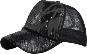 Women Men Sequin Baseball Hat Bling Mesh Baseball Cap Adjustable Snapback Trucker Hat Beach Travel Dad Hat