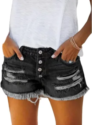 Women Mid Rise Ripped Stretchy Jeans Shorts Frayed Raw Hem Casual Denim Hot Short Summer Jean Shorts