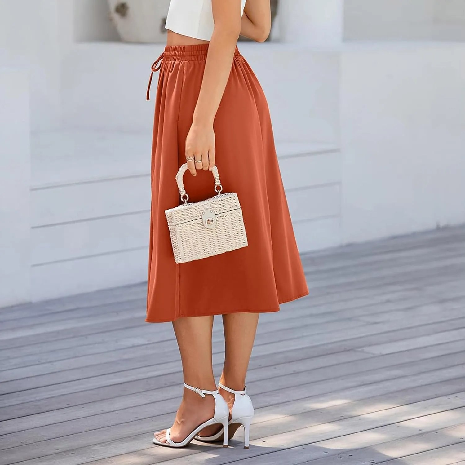 Women Midi Skirt Summer Drawstring High Waist Knee Length Skirts Pleated A Line Flowy Work Skirts with Pockets (S-2Xl)