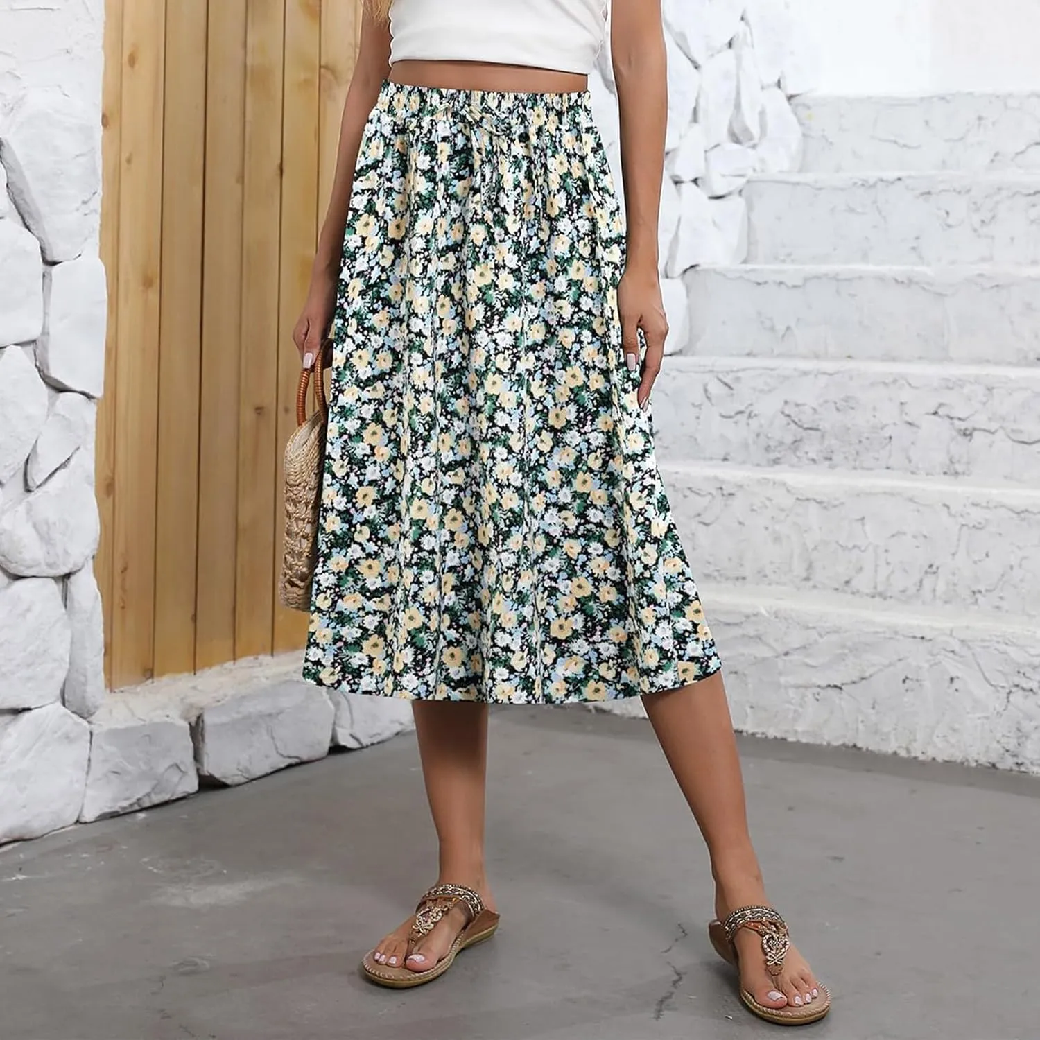 Women Midi Skirt Summer Drawstring High Waist Knee Length Skirts Pleated A Line Flowy Work Skirts with Pockets (S-2Xl)