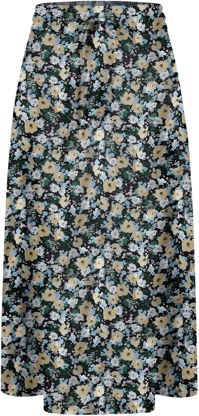 Women Midi Skirt Summer Drawstring High Waist Knee Length Skirts Pleated A Line Flowy Work Skirts with Pockets (S-2Xl)