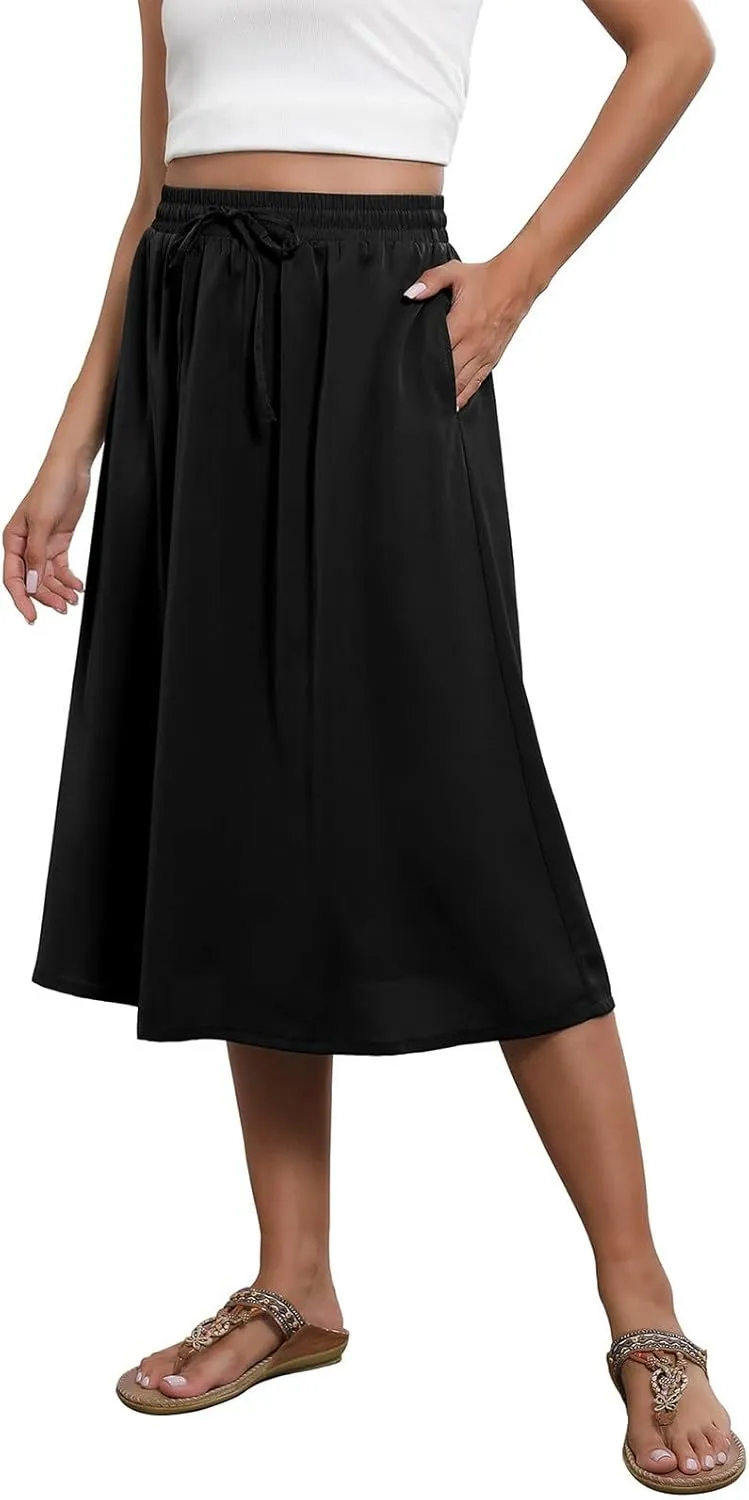 Women Midi Skirt Summer Drawstring High Waist Knee Length Skirts Pleated A Line Flowy Work Skirts with Pockets (S-2Xl)