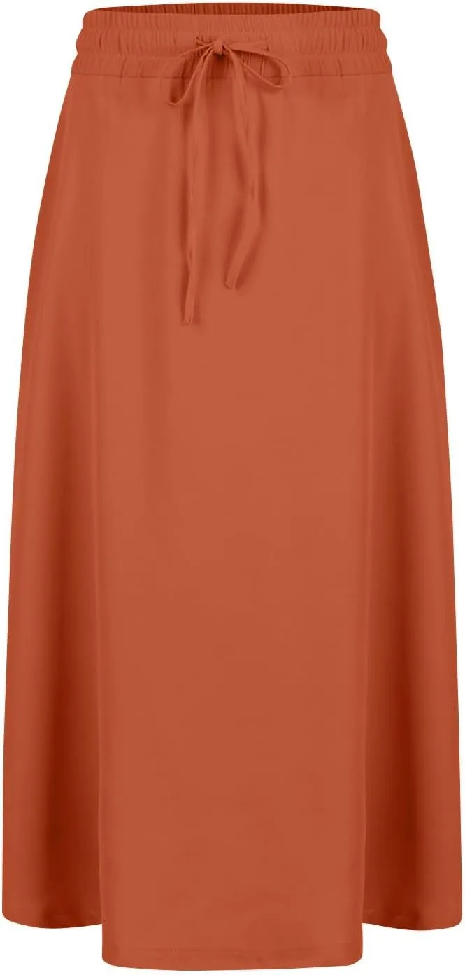 Women Midi Skirt Summer Drawstring High Waist Knee Length Skirts Pleated A Line Flowy Work Skirts with Pockets (S-2Xl)