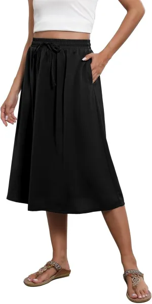 Women Midi Skirt Summer Drawstring High Waist Knee Length Skirts Pleated A Line Flowy Work Skirts with Pockets (S-2Xl)