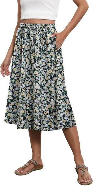 Women Midi Skirt Summer Drawstring High Waist Knee Length Skirts Pleated A Line Flowy Work Skirts with Pockets (S-2Xl)