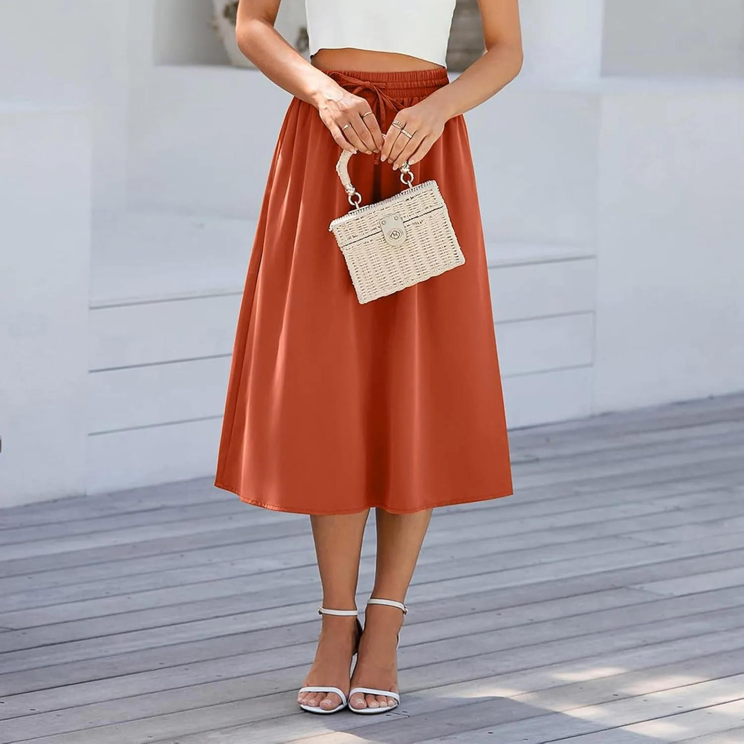 Women Midi Skirt Summer Drawstring High Waist Knee Length Skirts Pleated A Line Flowy Work Skirts with Pockets (S-2Xl)