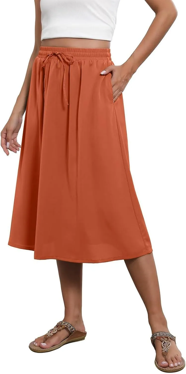 Women Midi Skirt Summer Drawstring High Waist Knee Length Skirts Pleated A Line Flowy Work Skirts with Pockets (S-2Xl)