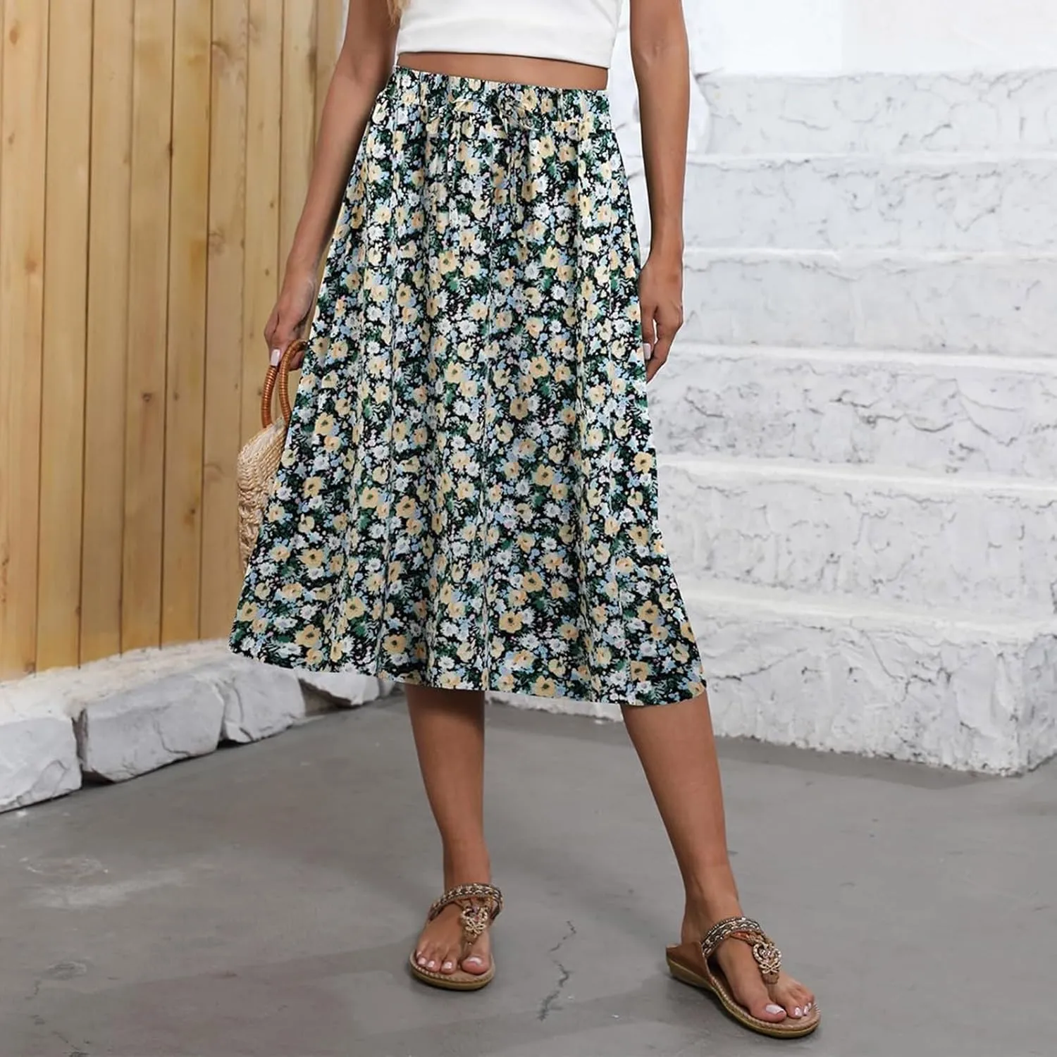 Women Midi Skirt Summer Drawstring High Waist Knee Length Skirts Pleated A Line Flowy Work Skirts with Pockets (S-2Xl)