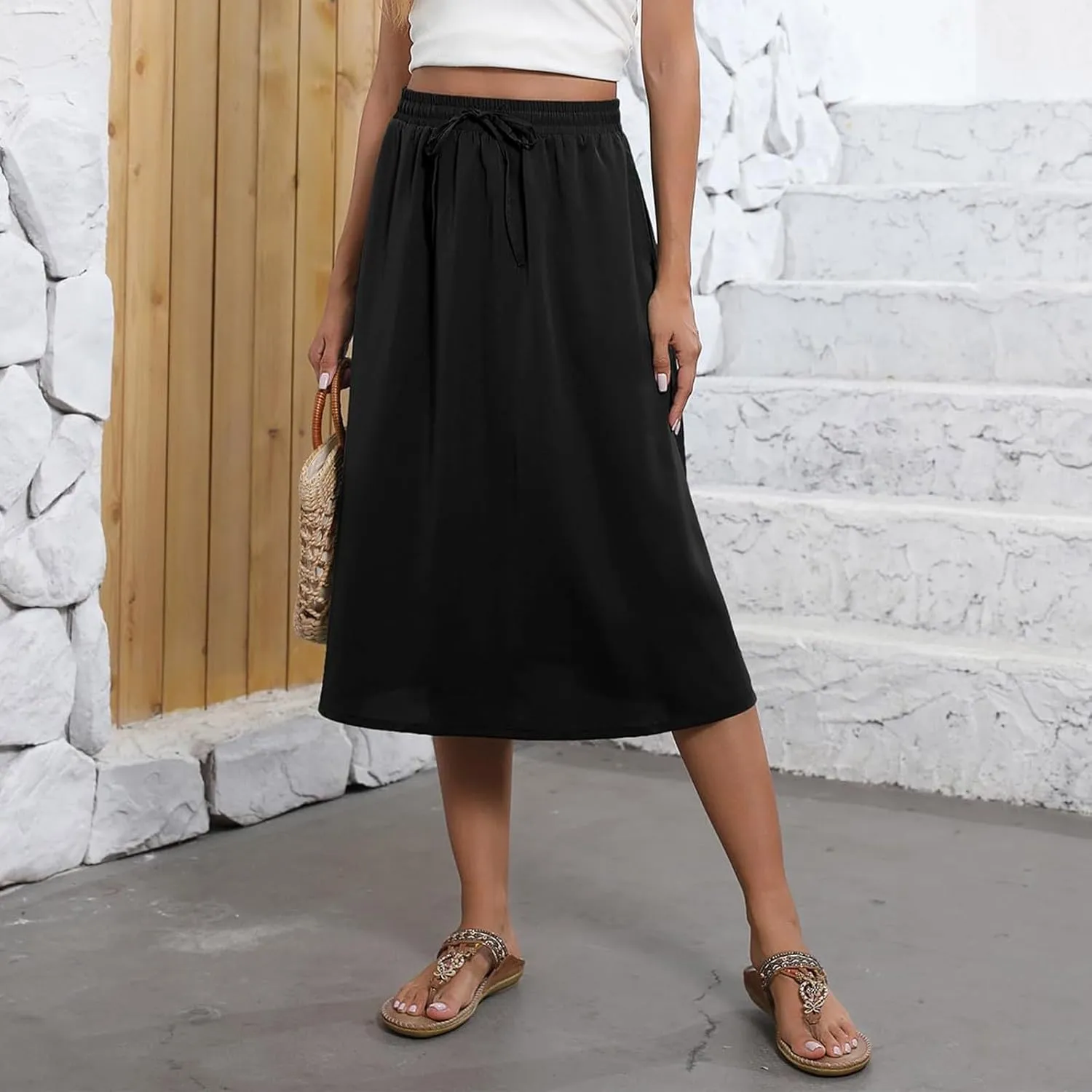 Women Midi Skirt Summer Drawstring High Waist Knee Length Skirts Pleated A Line Flowy Work Skirts with Pockets (S-2Xl)