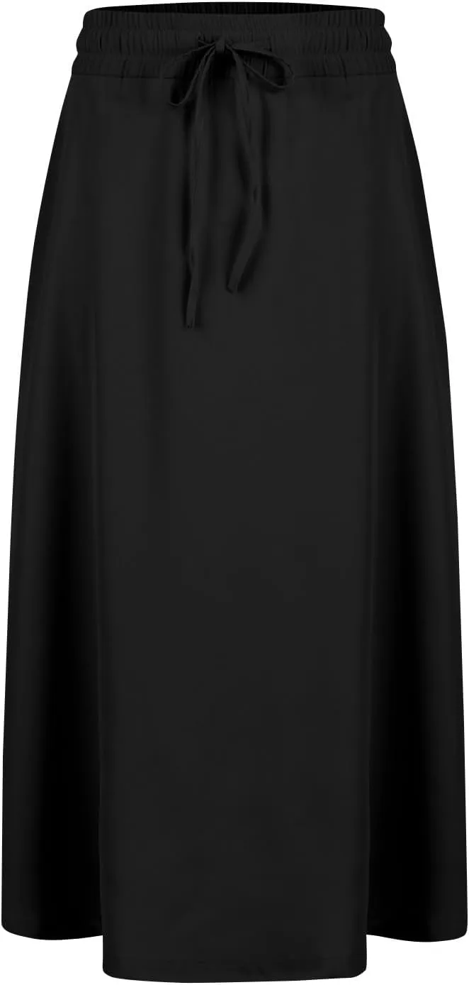 Women Midi Skirt Summer Drawstring High Waist Knee Length Skirts Pleated A Line Flowy Work Skirts with Pockets (S-2Xl)