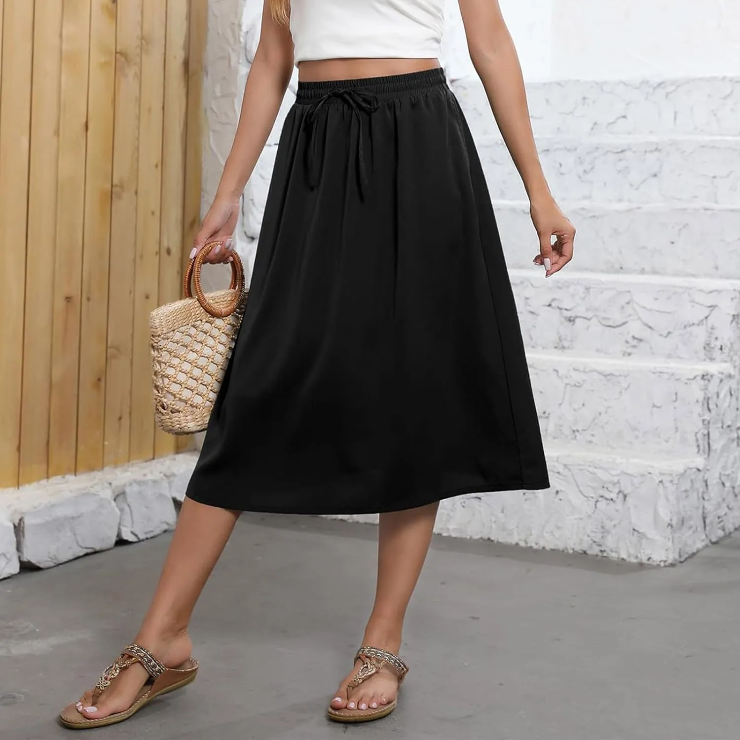 Women Midi Skirt Summer Drawstring High Waist Knee Length Skirts Pleated A Line Flowy Work Skirts with Pockets (S-2Xl)