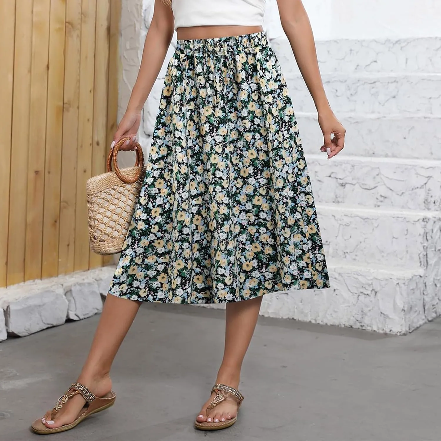 Women Midi Skirt Summer Drawstring High Waist Knee Length Skirts Pleated A Line Flowy Work Skirts with Pockets (S-2Xl)