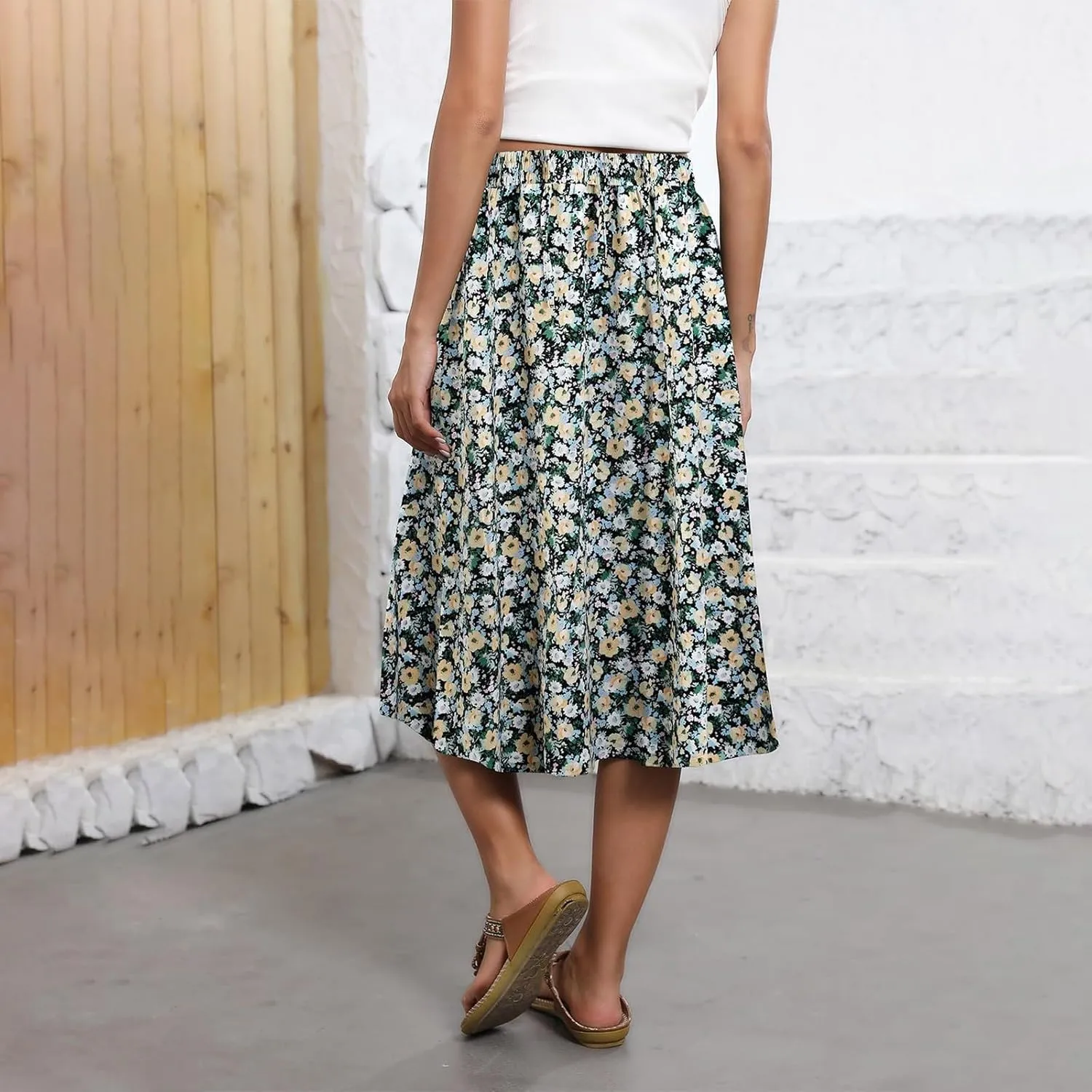 Women Midi Skirt Summer Drawstring High Waist Knee Length Skirts Pleated A Line Flowy Work Skirts with Pockets (S-2Xl)