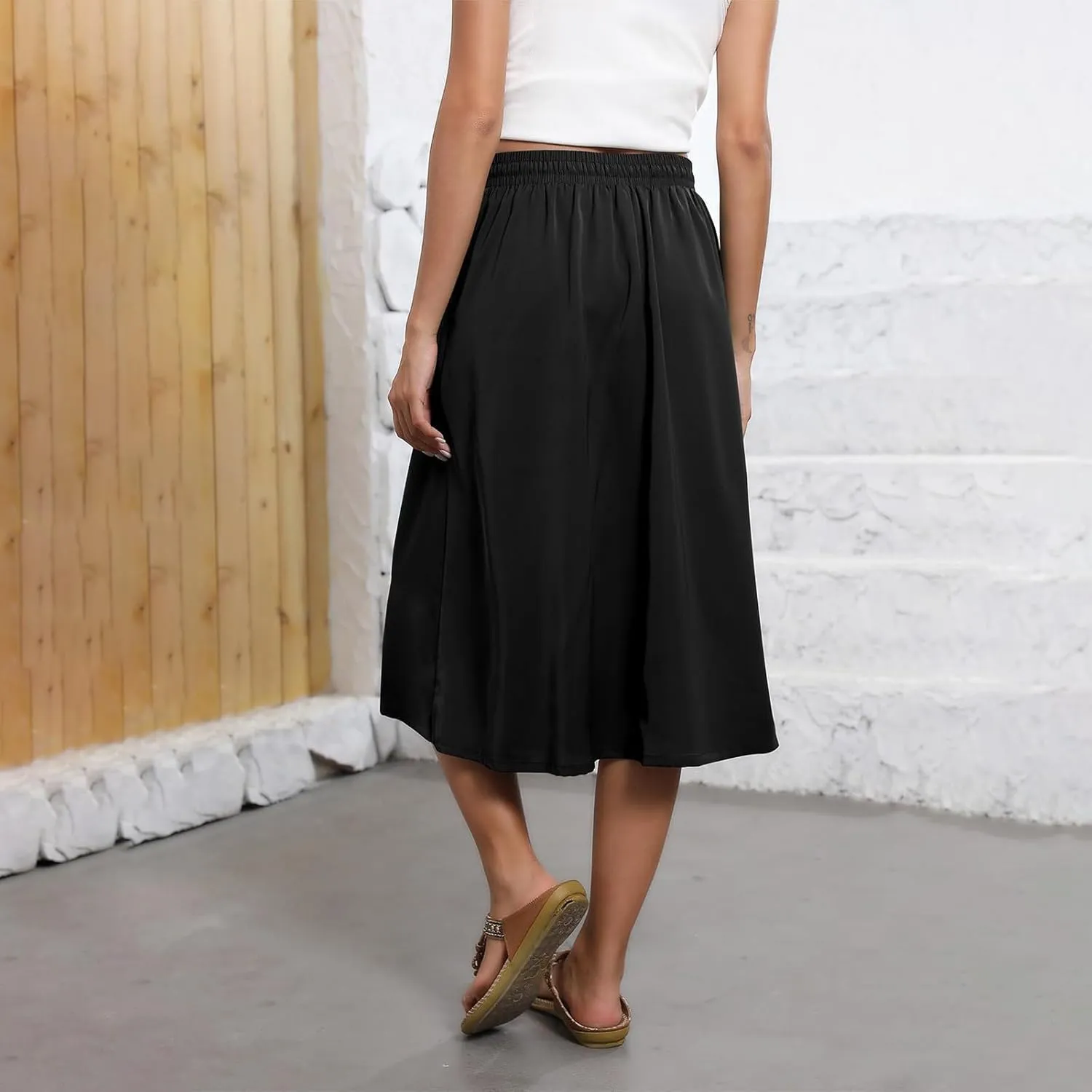 Women Midi Skirt Summer Drawstring High Waist Knee Length Skirts Pleated A Line Flowy Work Skirts with Pockets (S-2Xl)
