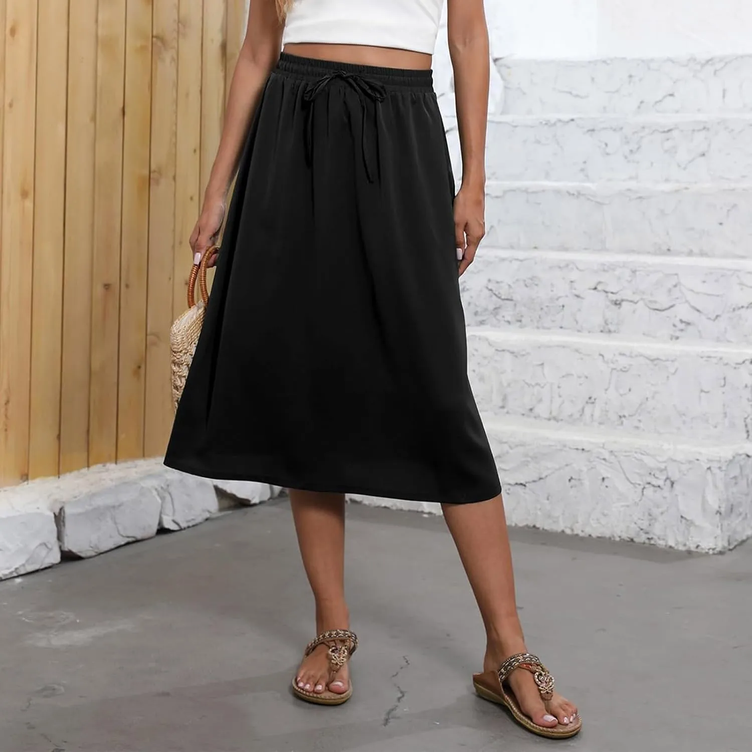 Women Midi Skirt Summer Drawstring High Waist Knee Length Skirts Pleated A Line Flowy Work Skirts with Pockets (S-2Xl)