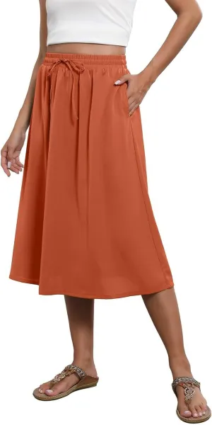 Women Midi Skirt Summer Drawstring High Waist Knee Length Skirts Pleated A Line Flowy Work Skirts with Pockets (S-2Xl)