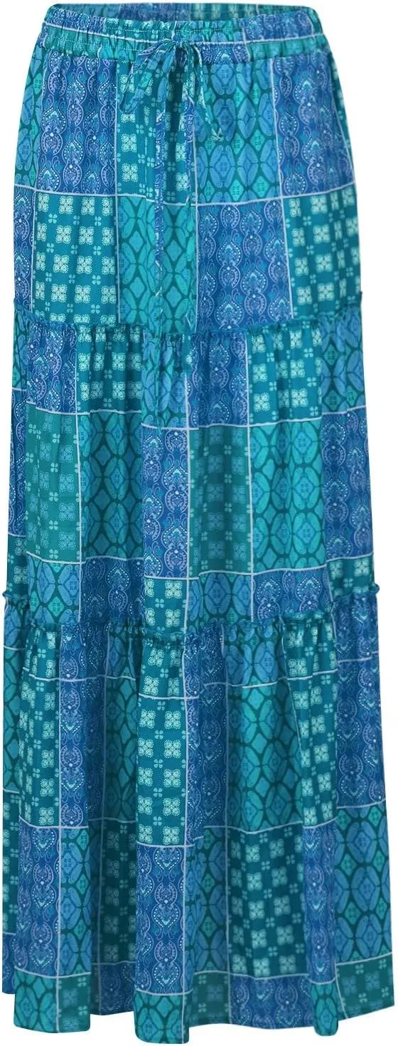 Women Skirt Casual Smocked Flowy Tube Dress 2025 Summer Floral Print Skirts A-Line Bohemian High WAIS Maxi Skirt