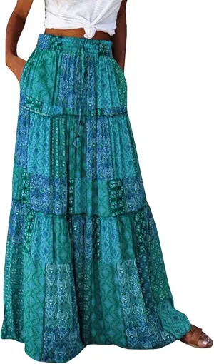 Women Skirt Casual Smocked Flowy Tube Dress 2025 Summer Floral Print Skirts A-Line Bohemian High WAIS Maxi Skirt