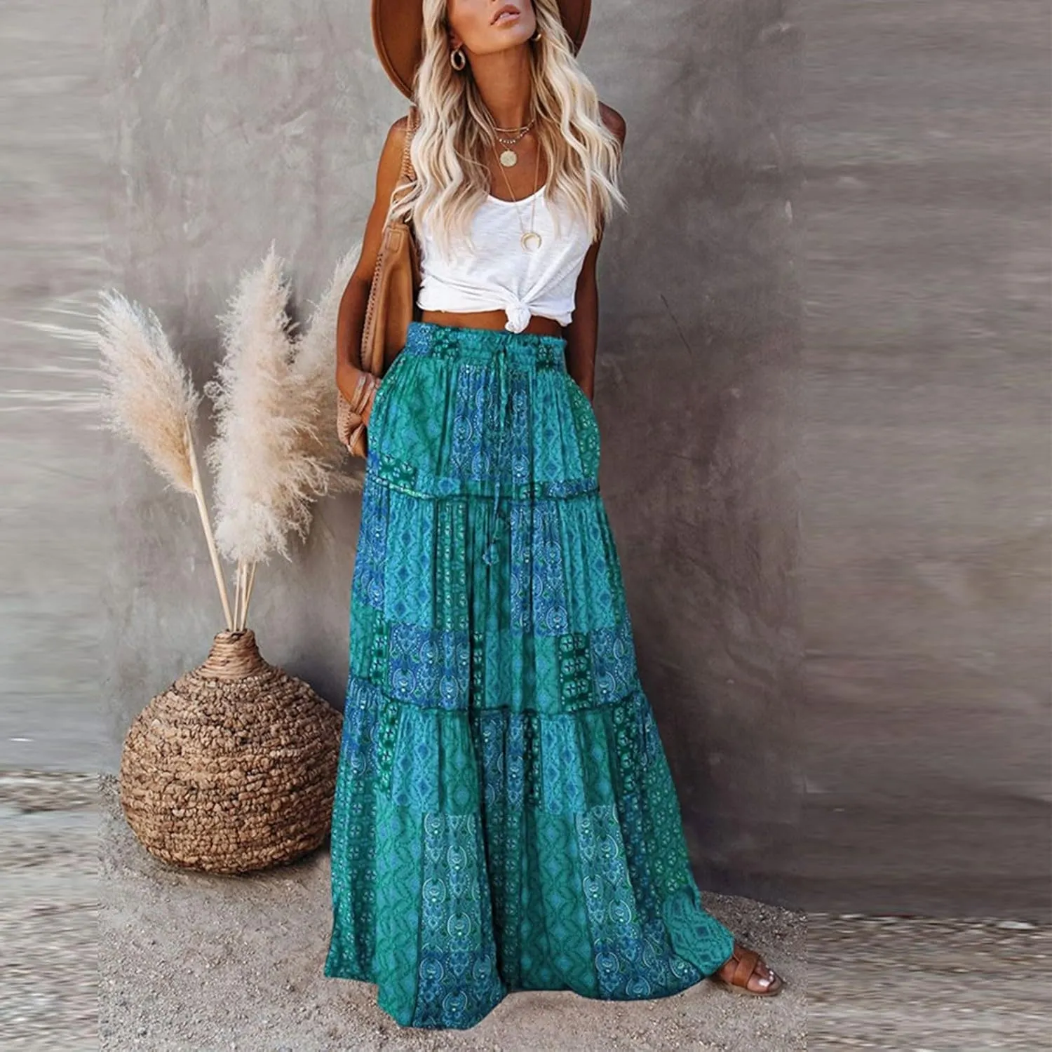Women Skirt Casual Smocked Flowy Tube Dress 2025 Summer Floral Print Skirts A-Line Bohemian High WAIS Maxi Skirt