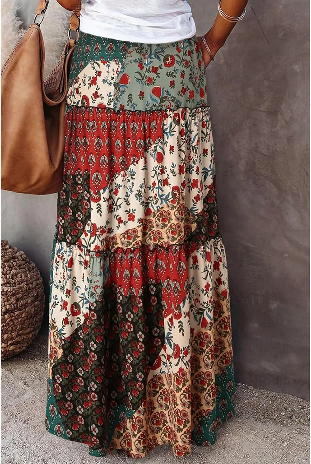Women Skirt Floral Print Bohemian Maxi Skirt Flowy High WAIS Skirts 2025 Summer A-Line Casual Smocked Tube Dress