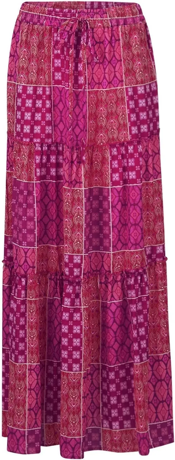 Women Skirt Floral Print Bohemian Maxi Skirt Flowy High WAIS Skirts 2025 Summer A-Line Casual Smocked Tube Dress