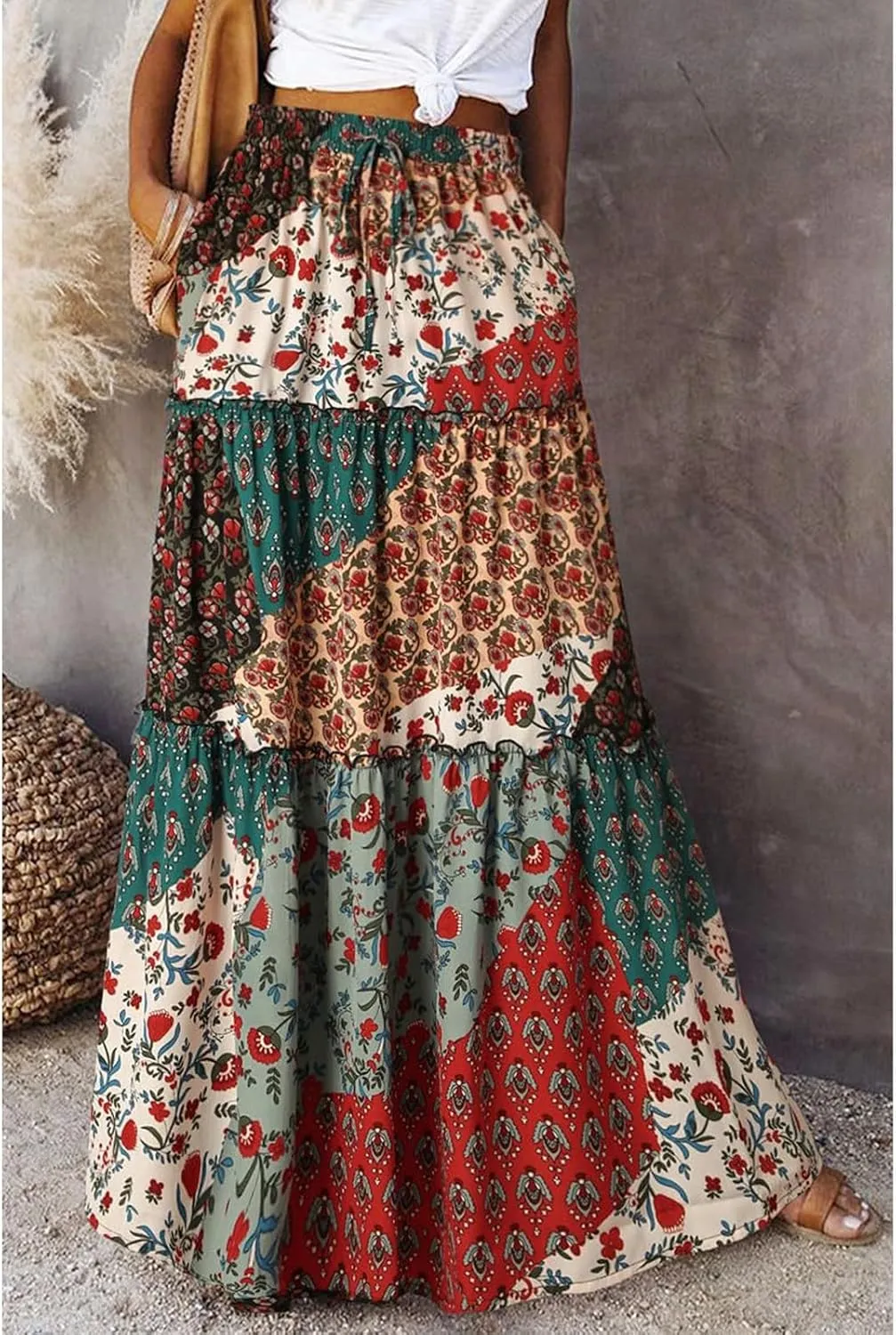 Women Skirt Floral Print Bohemian Maxi Skirt Flowy High WAIS Skirts 2025 Summer A-Line Casual Smocked Tube Dress