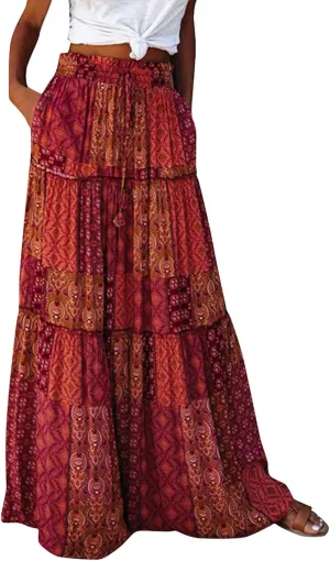 Women Skirt Floral Print Bohemian Maxi Skirt Flowy High WAIS Skirts 2025 Summer A-Line Casual Smocked Tube Dress