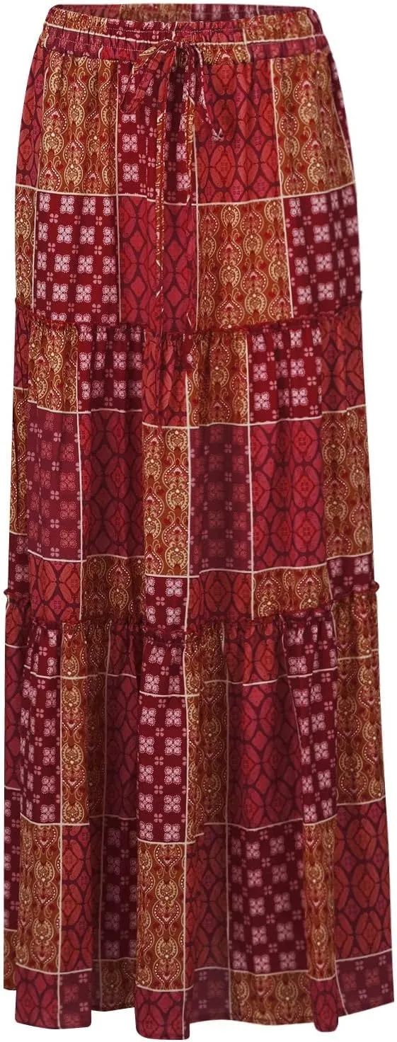 Women Skirt Floral Print Bohemian Maxi Skirt Flowy High WAIS Skirts 2025 Summer A-Line Casual Smocked Tube Dress