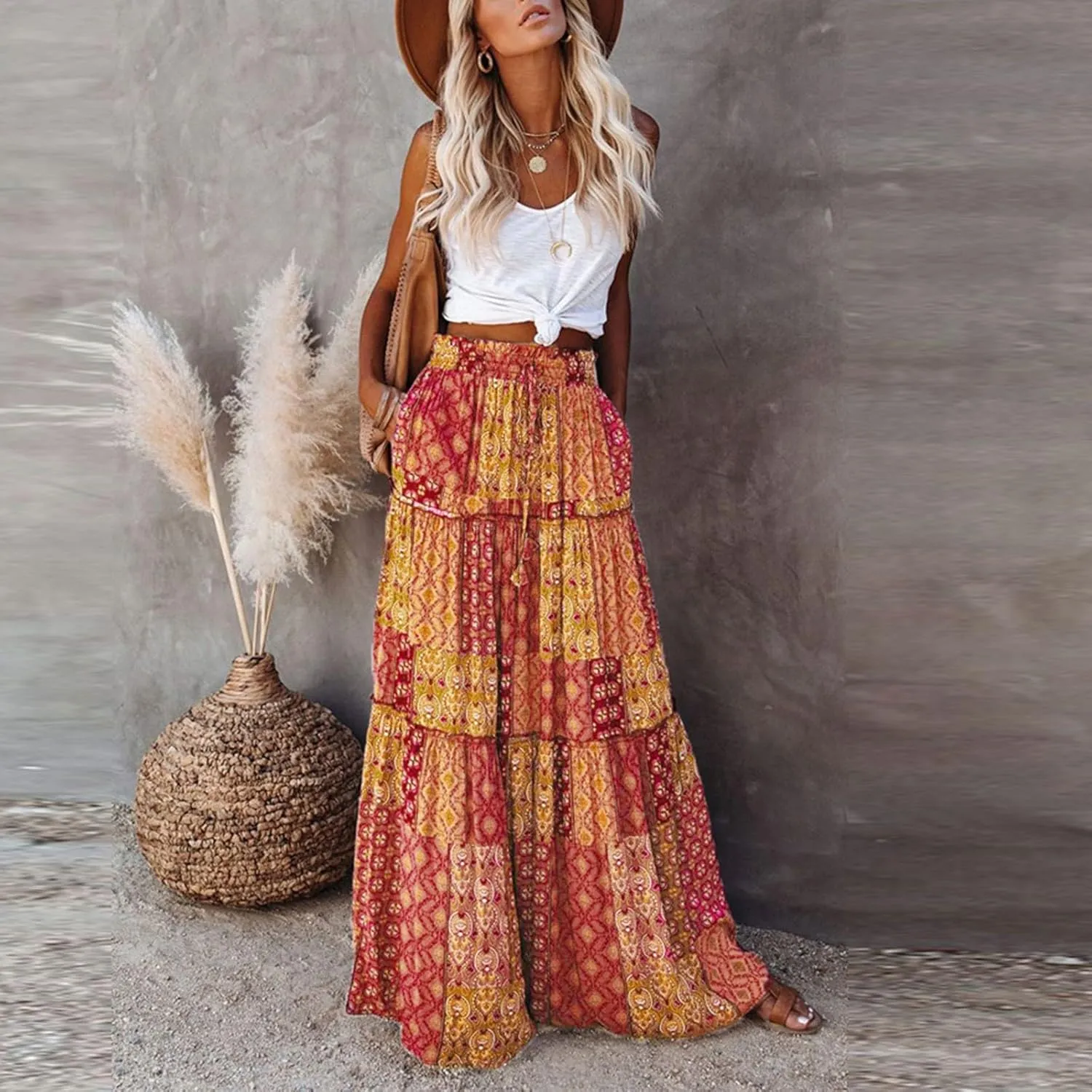 Women Skirt Floral Print Bohemian Maxi Skirt Flowy High WAIS Skirts 2025 Summer A-Line Casual Smocked Tube Dress
