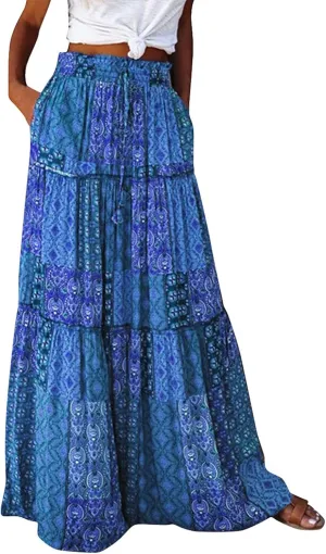 Women Skirt Floral Print Bohemian Maxi Skirt Flowy High WAIS Skirts 2025 Summer A-Line Casual Smocked Tube Dress