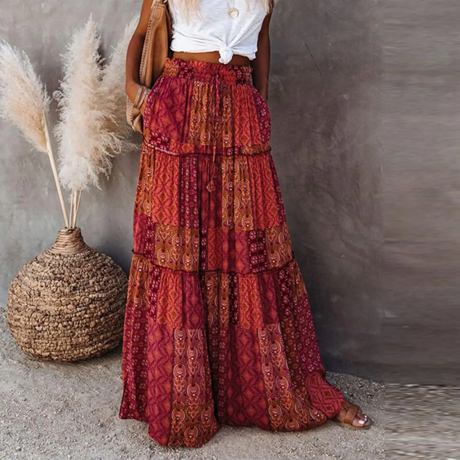 Women Skirt Floral Print Bohemian Maxi Skirt Flowy High WAIS Skirts 2025 Summer A-Line Casual Smocked Tube Dress