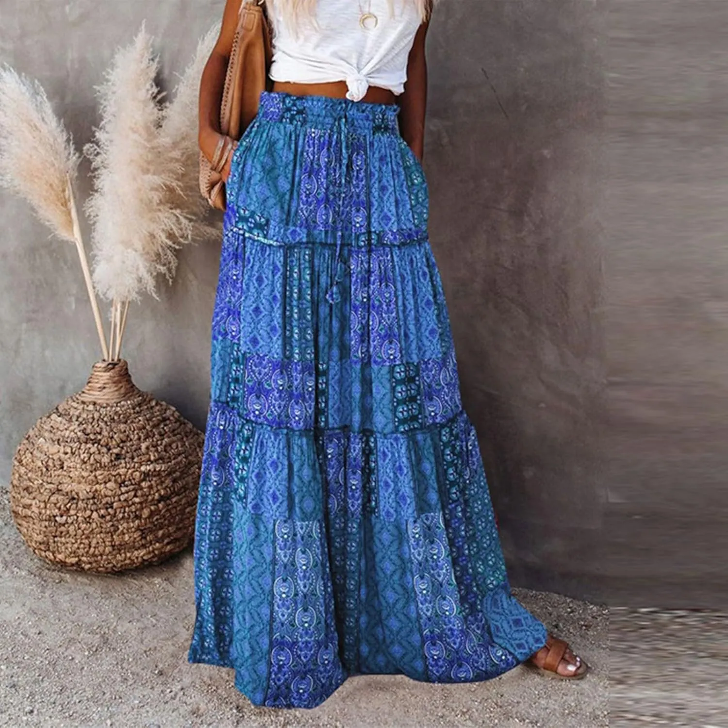 Women Skirt Floral Print Bohemian Maxi Skirt Flowy High WAIS Skirts 2025 Summer A-Line Casual Smocked Tube Dress
