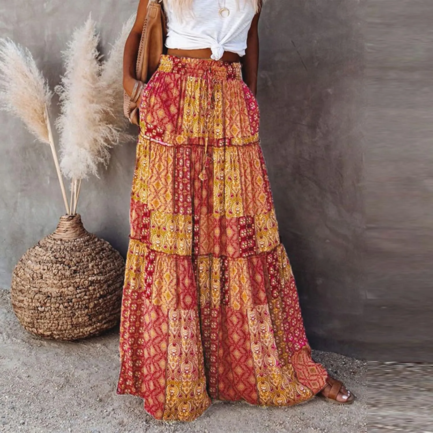 Women Skirt Floral Print Bohemian Maxi Skirt Flowy High WAIS Skirts 2025 Summer A-Line Casual Smocked Tube Dress
