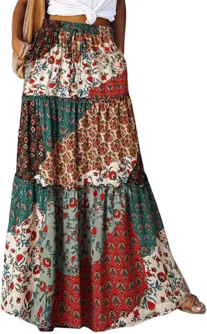 Women Skirt Floral Print Bohemian Maxi Skirt Flowy High WAIS Skirts 2025 Summer A-Line Casual Smocked Tube Dress
