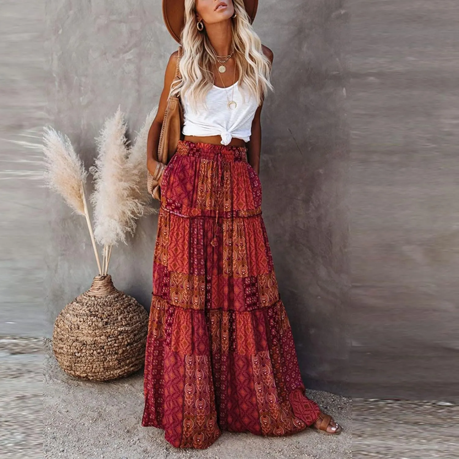Women Skirt High WAIS Flowy Maxi Skirt Bohemian A-Line Tube Dress Floral Print Casual Smocked 2025 Summer Skirts