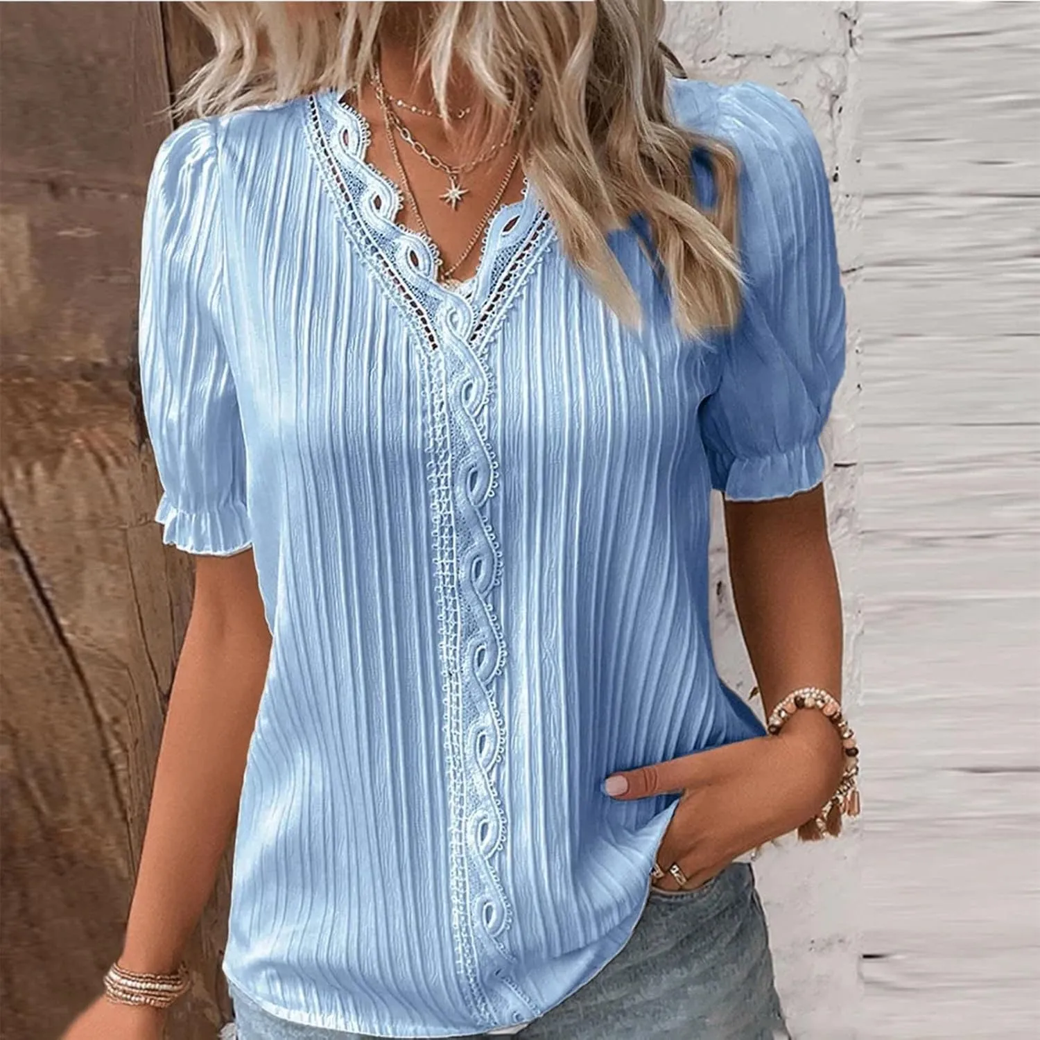 Women Summer Lace V Neck Plain Lace Elegant Shirt Solid Color Elegant Short Sleeve Comfy Flattering Tunic Tops for Women