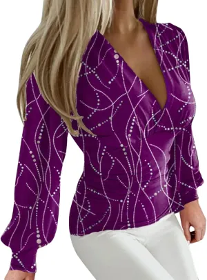 Women V-Neck High Waist Blouse Shirt Ruffled Puff Long Sleeve Elegant Casual T-Shirt Solid Color Women's Tops Summer