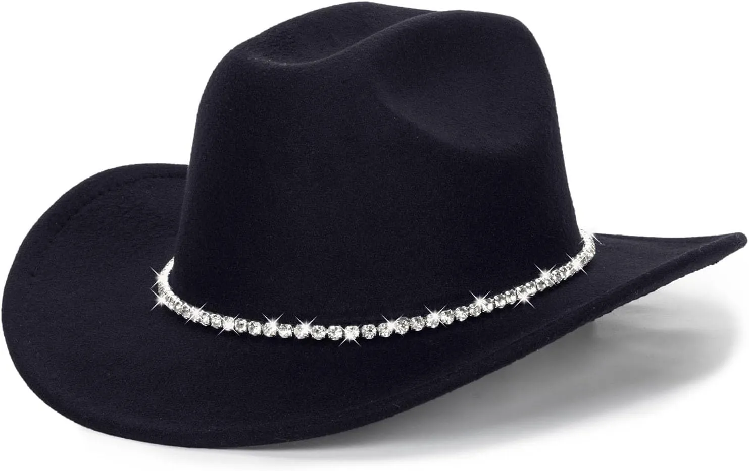 Women Western Felt Cowboy Hat - Classic Roll Up Cowgirl Wide Brim Fedoras Hat with Shiny Rhinestones Band
