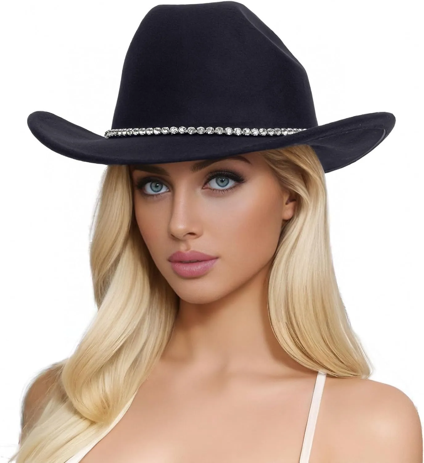 Women Western Felt Cowboy Hat - Classic Roll Up Cowgirl Wide Brim Fedoras Hat with Shiny Rhinestones Band