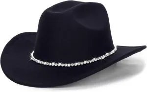 Women Western Felt Cowboy Hat - Classic Roll Up Cowgirl Wide Brim Fedoras Hat with Shiny Rhinestones Band