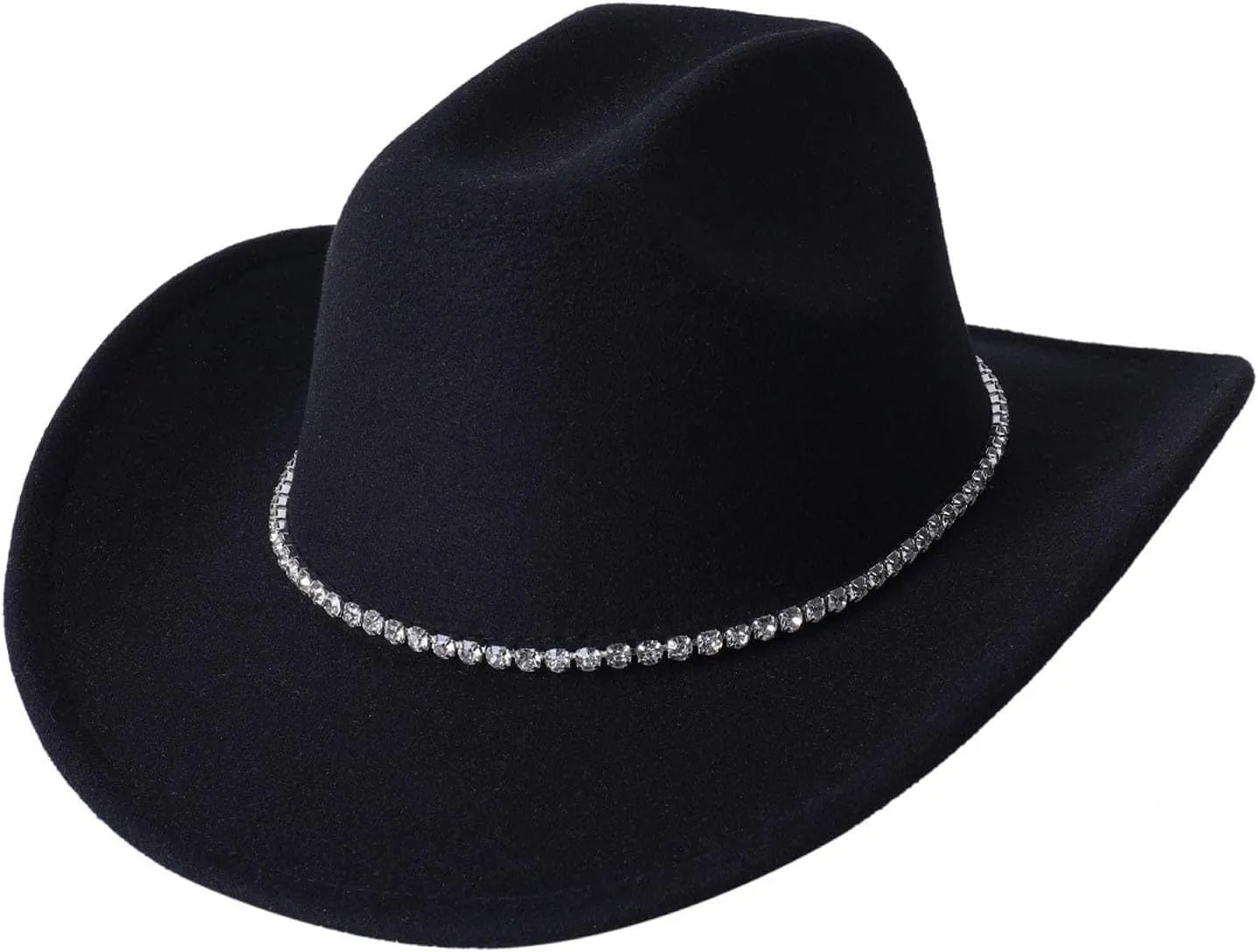 Women Western Felt Cowboy Hat - Classic Roll Up Cowgirl Wide Brim Fedoras Hat with Shiny Rhinestones Band