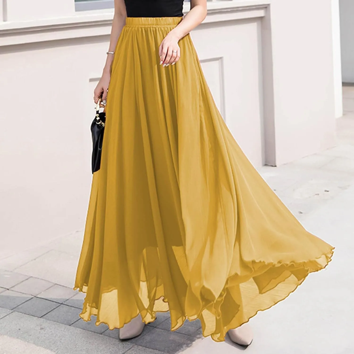 Womens A-Line Maxi Skirts Ruffle Elastic Waist Pleated Long Skirt Summer Beach Vacation Casual Loose Clothes 2025