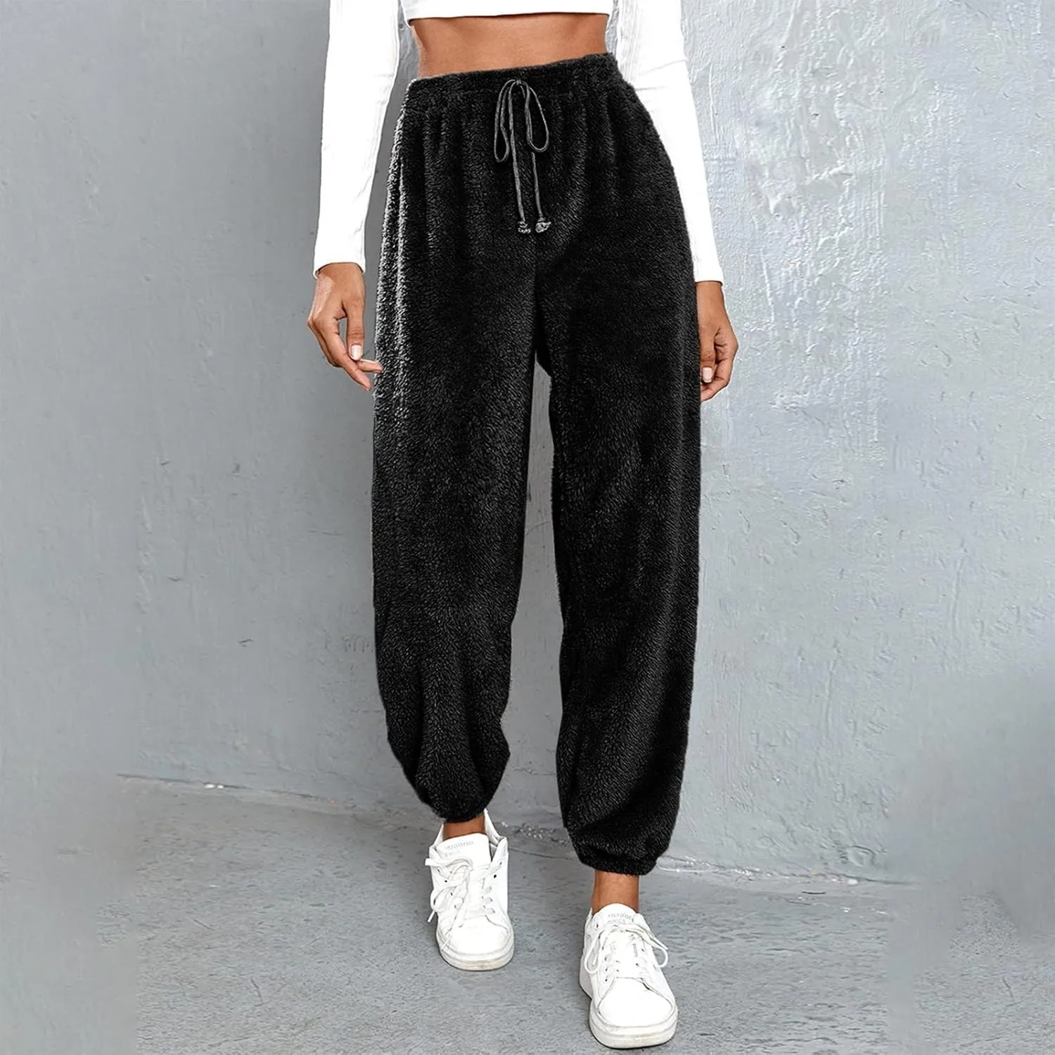 Womens Casual Baggy Fleece Sweatpants High Waist Solid Color Cinch Bottom Joggers Pants Warm Lounge Trousers with Pockets