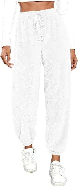 Womens Casual Baggy Fleece Sweatpants High Waist Solid Color Cinch Bottom Joggers Pants Warm Lounge Trousers with Pockets