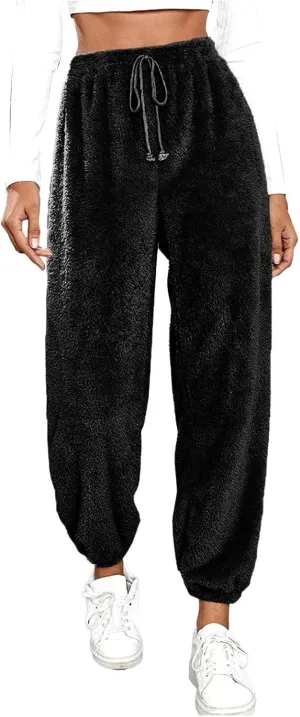 Womens Casual Baggy Fleece Sweatpants High Waist Solid Color Cinch Bottom Joggers Pants Warm Lounge Trousers with Pockets