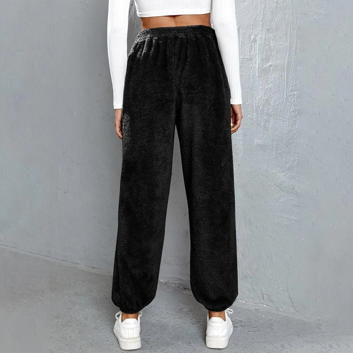 Womens Casual Baggy Fleece Sweatpants High Waist Solid Color Cinch Bottom Joggers Pants Warm Lounge Trousers with Pockets