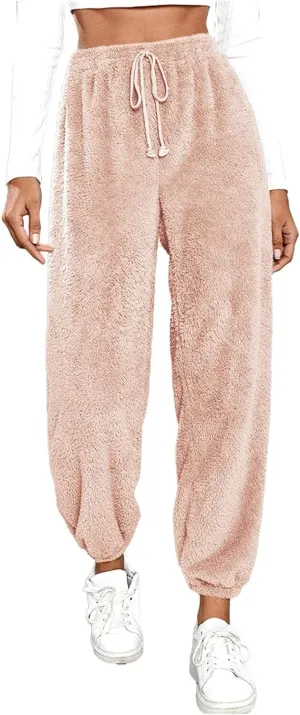 Womens Casual Baggy Fleece Sweatpants High Waist Solid Color Cinch Bottom Joggers Pants Warm Lounge Trousers with Pockets