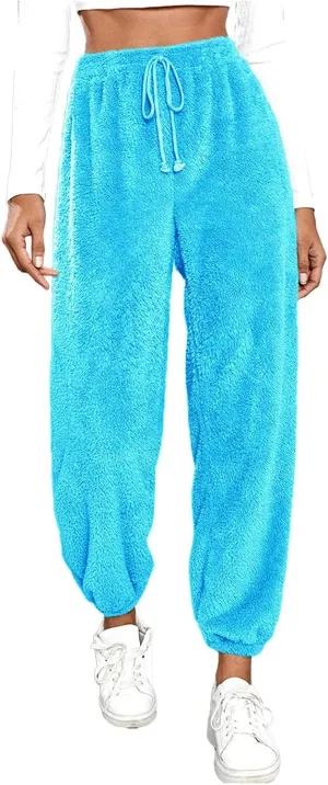 Womens Casual Baggy Fleece Sweatpants High Waist Solid Color Cinch Bottom Joggers Pants Warm Lounge Trousers with Pockets